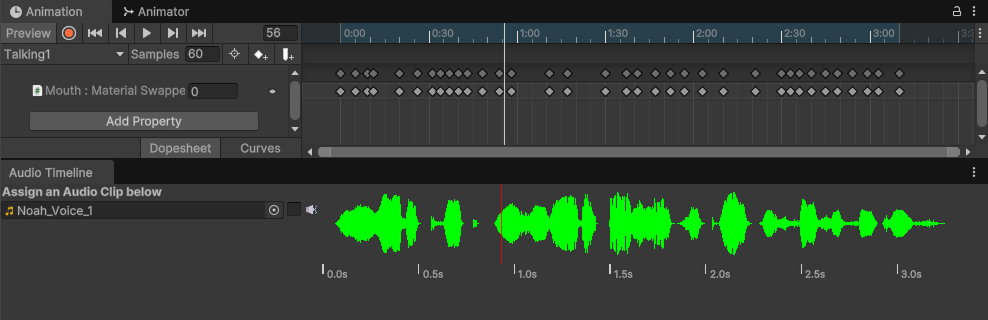 Audio Timeline window nexted below the Animation window