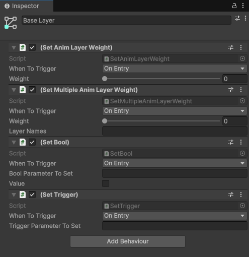Animation behaviours added in the Animator window