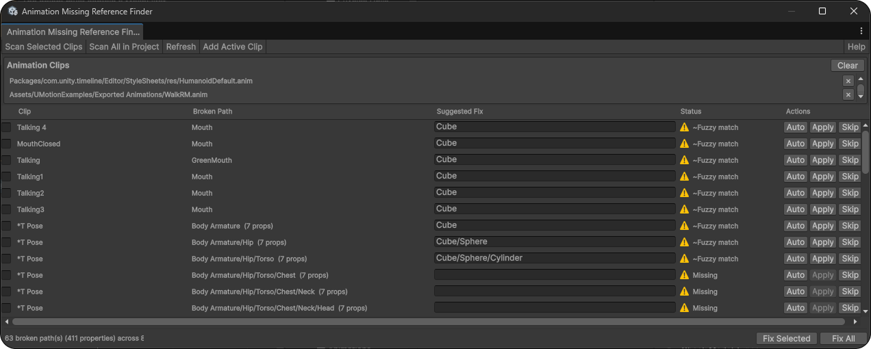 Animation Missing Reference Finder editor window showing broken binding paths and suggested fixes