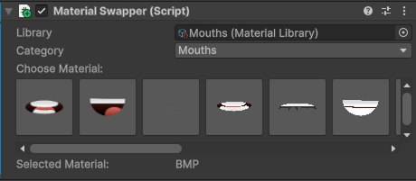 Mesh material swapper component showing material thumbnails in the inspector