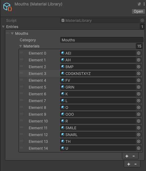 Mouths material library showing materials organised into categories