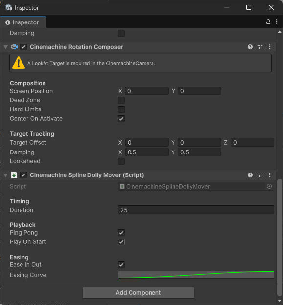CinemachineSplineDollyMover component in the Inspector