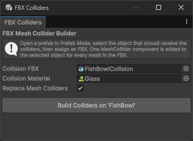 FBX Mesh Collider Builder window