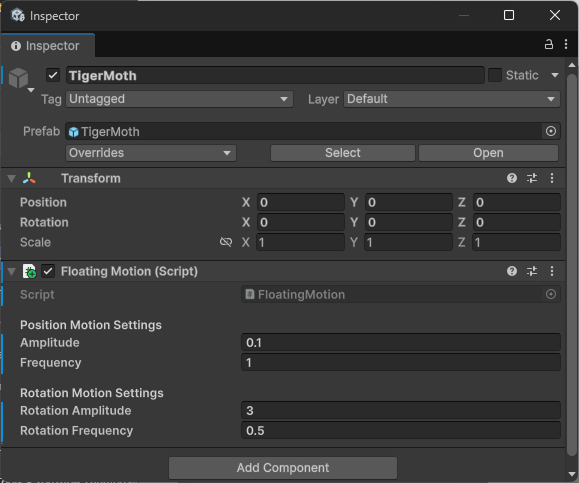 FloatingMotion component in the Inspector
