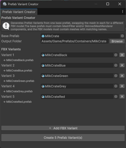 Prefab Variant Creator window