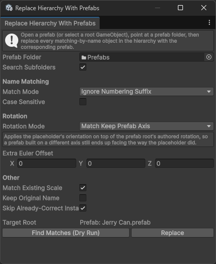 Replace Hierarchy With Prefabs window
