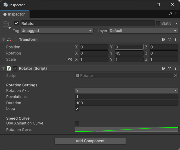 Rotator component in the Inspector