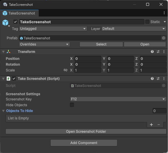 TakeScreenshot component in the Inspector