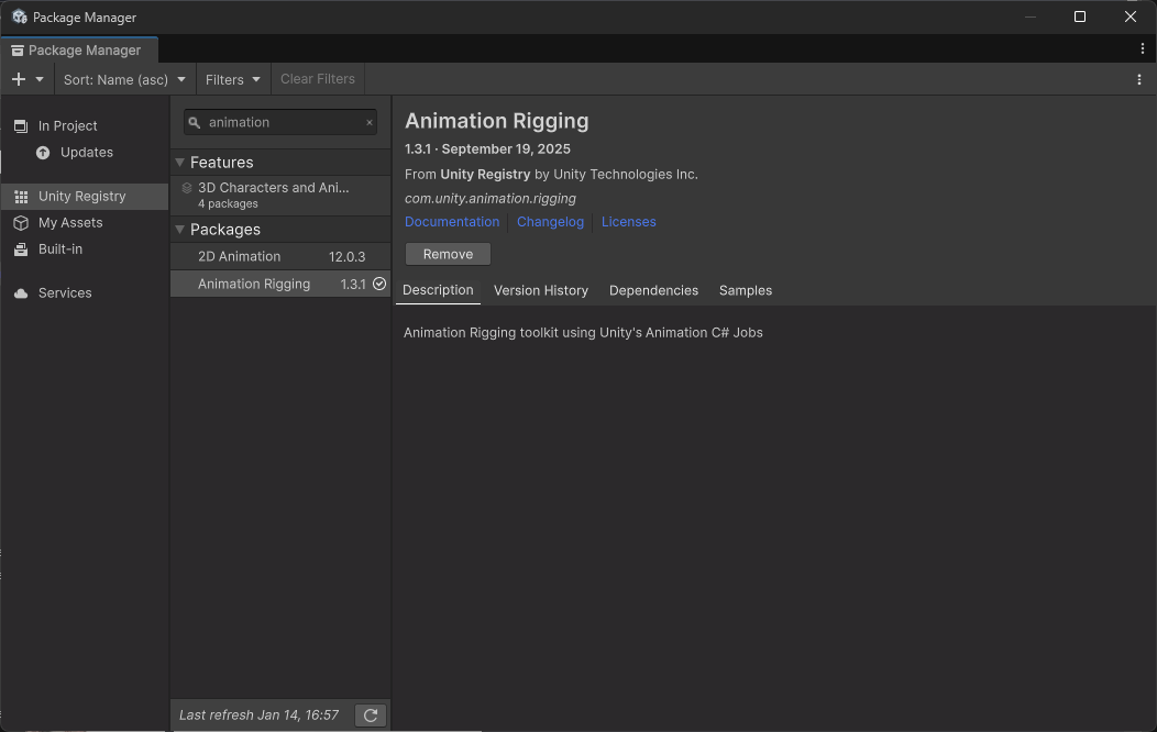 Package Manager showing the Animation Rigging package