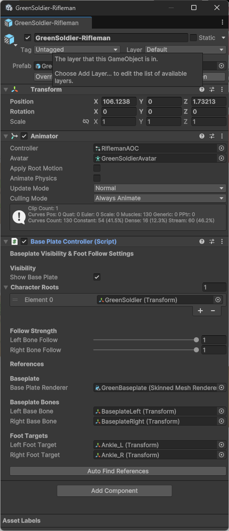Inspector showing the Base Plate Controller script component on a Green Soldier prefab