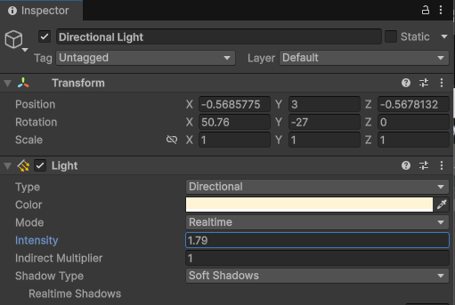 Directional Light inspector with Intensity set to 1.79