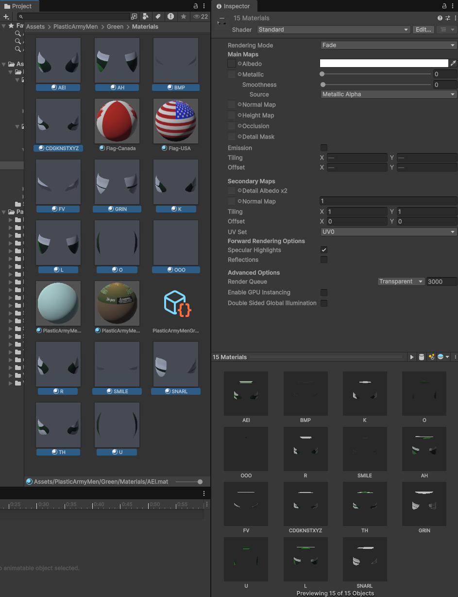 Project view of the face materials and their previews