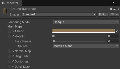 Inspector for the Ground material set to Standard shader, Metallic Alpha source