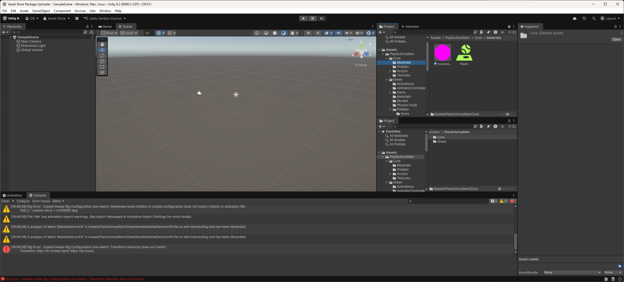 Unity editor showing the ImphenziaPixPal_URP material in the Materials folder