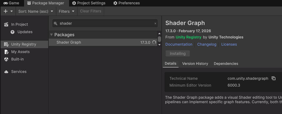 Package Manager showing the Shader Graph package under Unity Registry