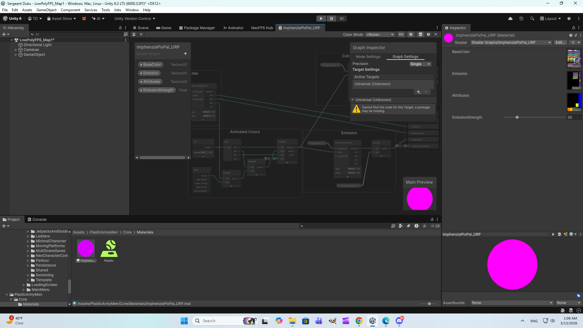 Shader Graph window open showing the ImphenziaPixPal node graph with a magenta preview